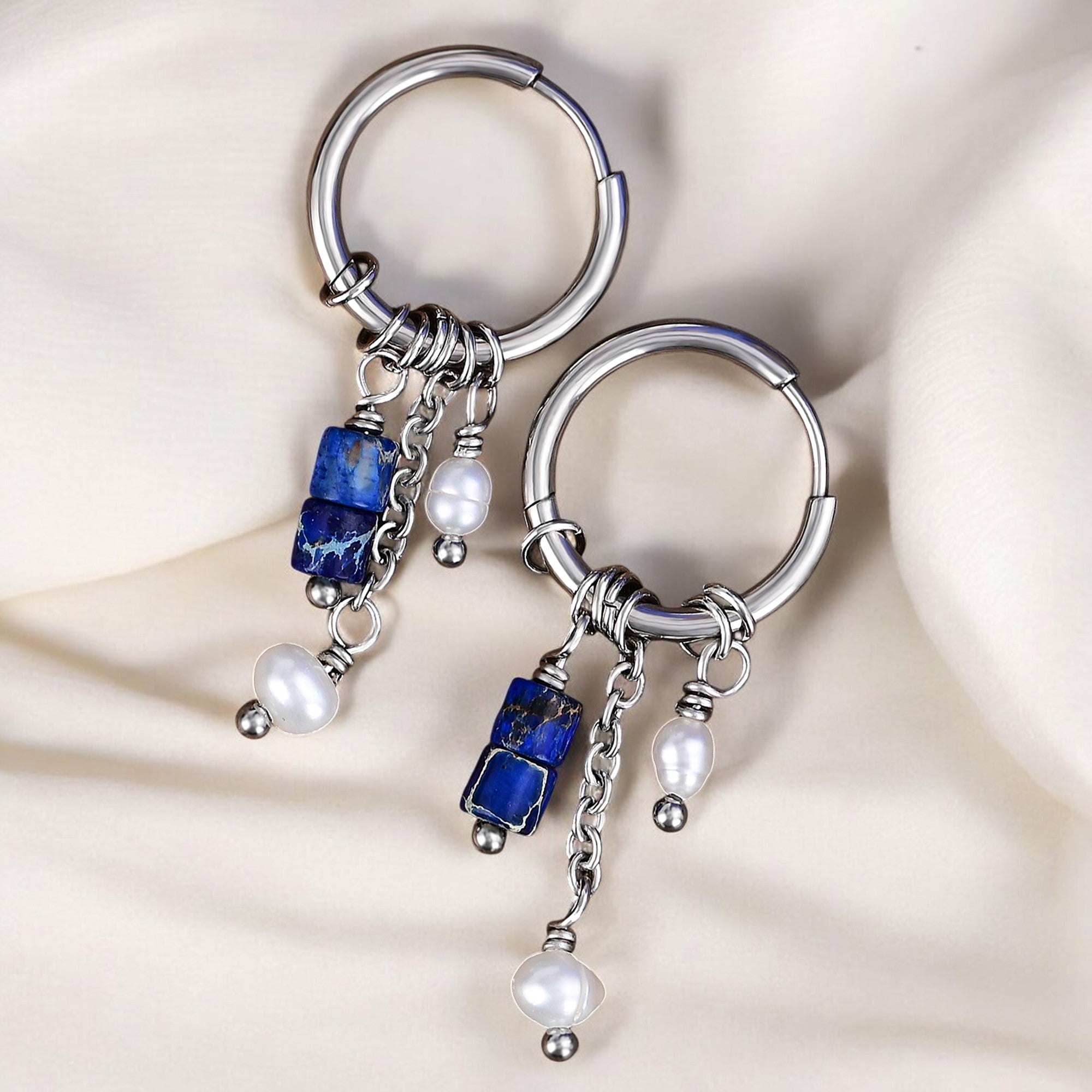 Silver Lapis Drop Hoop Earrings