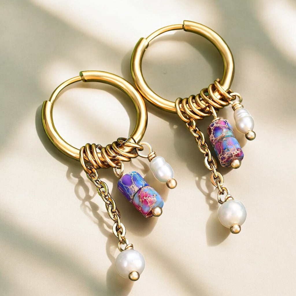 Golden Amethyst Bloom Drop Hoop Earrings