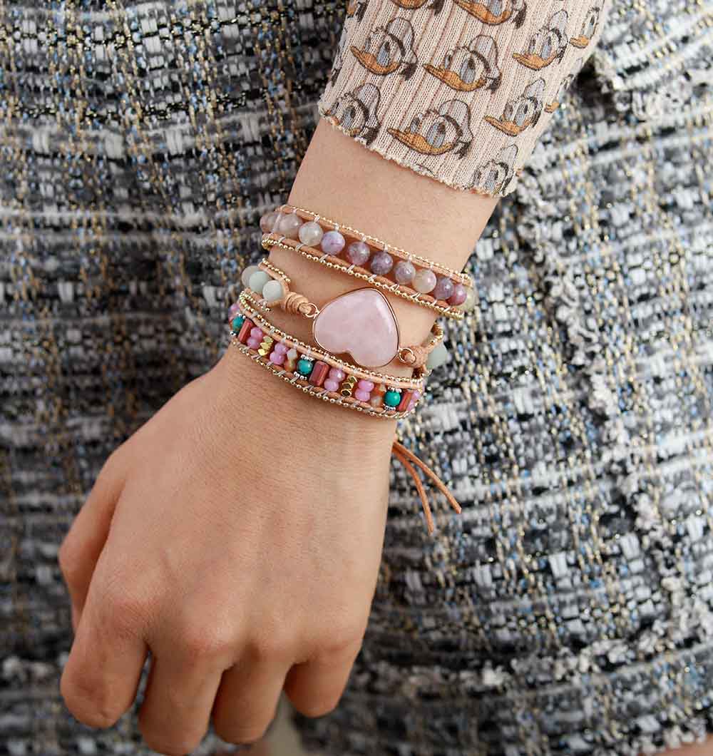 Dreamy Rose Quartz Heart Wrap Bracelet - Luulink