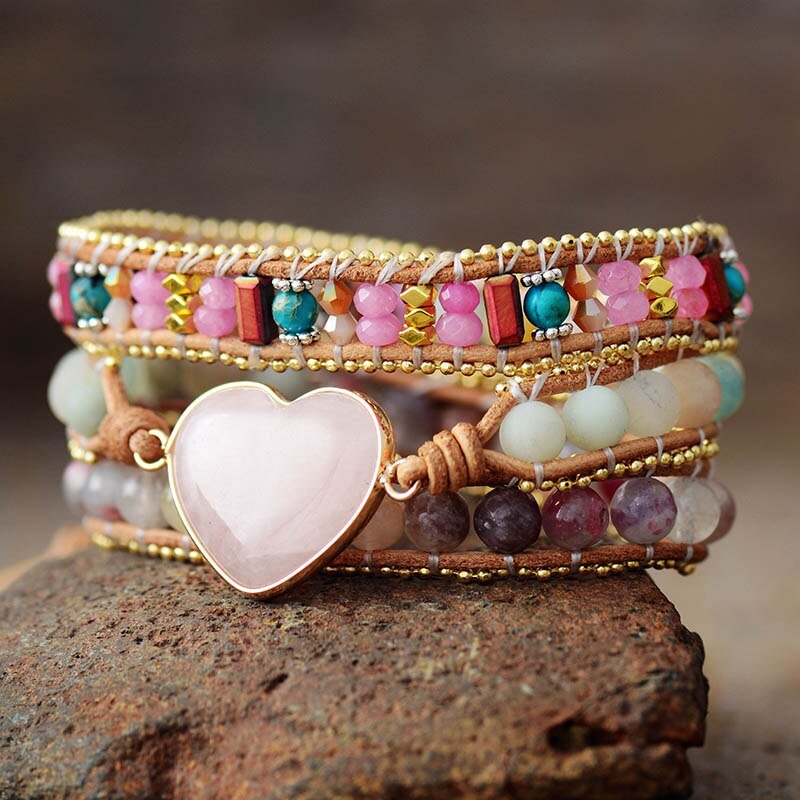 Dreamy Rose Quartz Heart Wrap Bracelet - Luulink