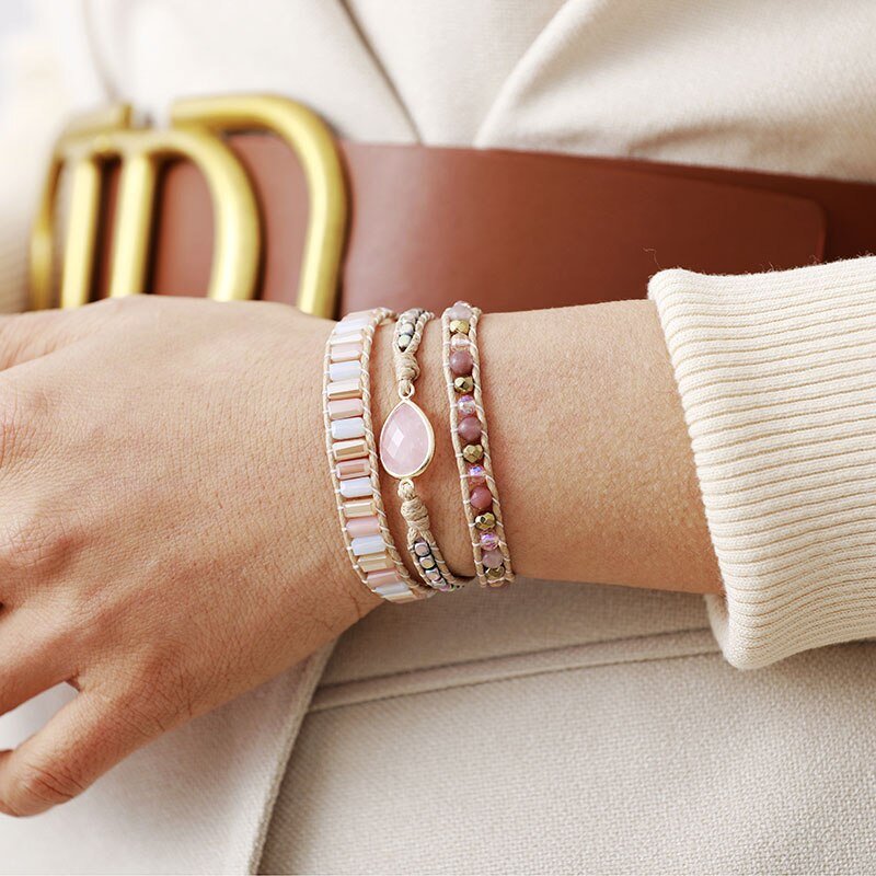 Precious Rose Quartz Teardrop Wrap Bracelet - Luulink